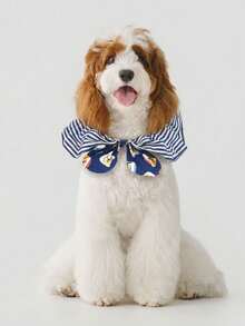 Navy Stripe Print Pet Bandana Set, Cartoon Bib Bowknot Headwear, Versatile Matching Accessories For Cats And Dogs - Multicolor - View 6