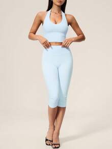 TimeOff Women's One Set Solid Color Halter V-Neck Cropped Tank Top And High Waist Mid-Length Pants Sports Set - Blue - View 7