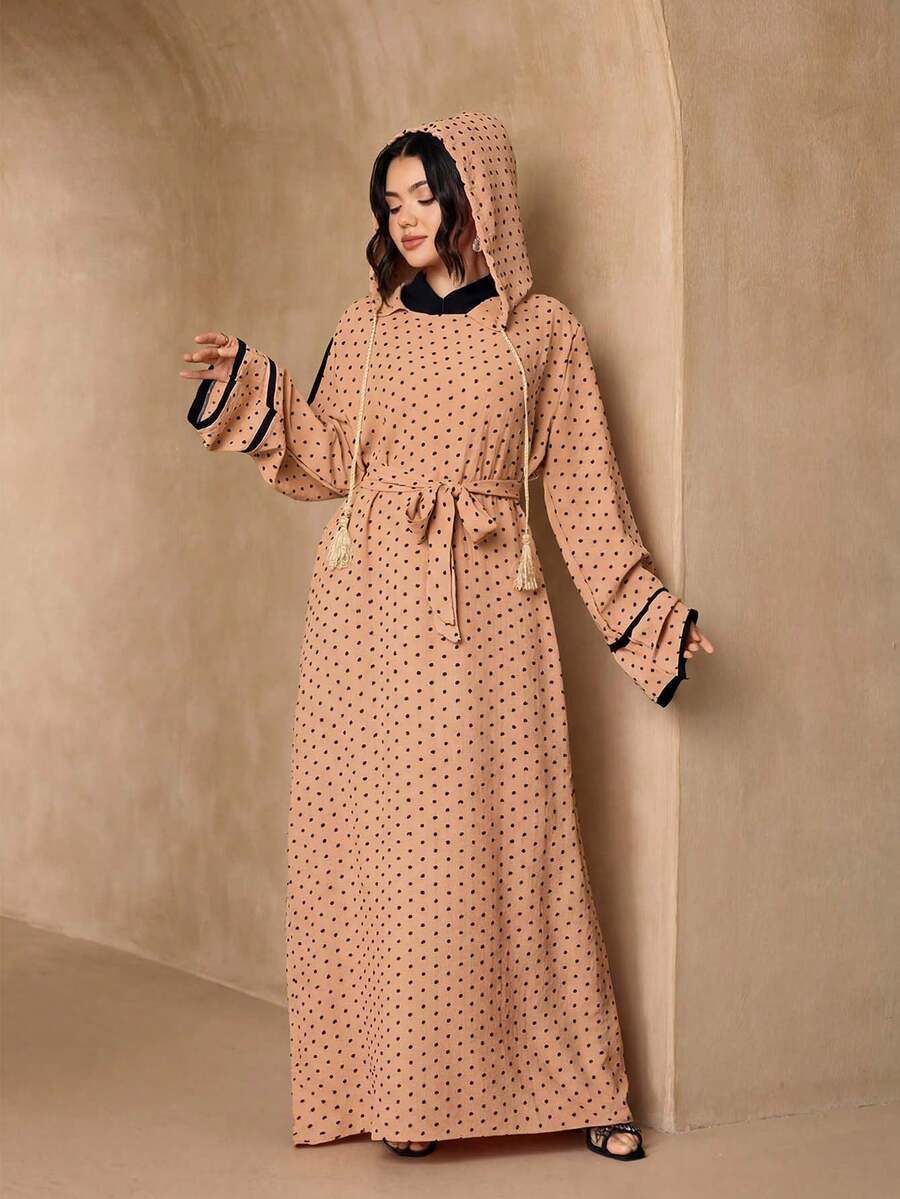 Fashionable Versatile Polka Dot Hooded Long Robe 2 Pieces Set Women's Elegant Soft Abaya Cover-Up Robe + Belt Set Sun Protection Muslim Clothing Shawl - Camel - View 1