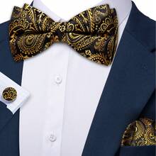 Jacqaurd Paisley Pattern Gold Bow Tie Hanky Cufflinks Complete Evening Party Accessory Kit - Gold - View 2