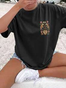 Nueva Colección Verano 2026, Blusas de Mujer, Blusa Casual Holgada de Verano para Mujer Estilo Bohemio con Estampado de Doble Cara, Tigre, Ojos y la Frase "YOU ARE THE" - Negro - Ver 2