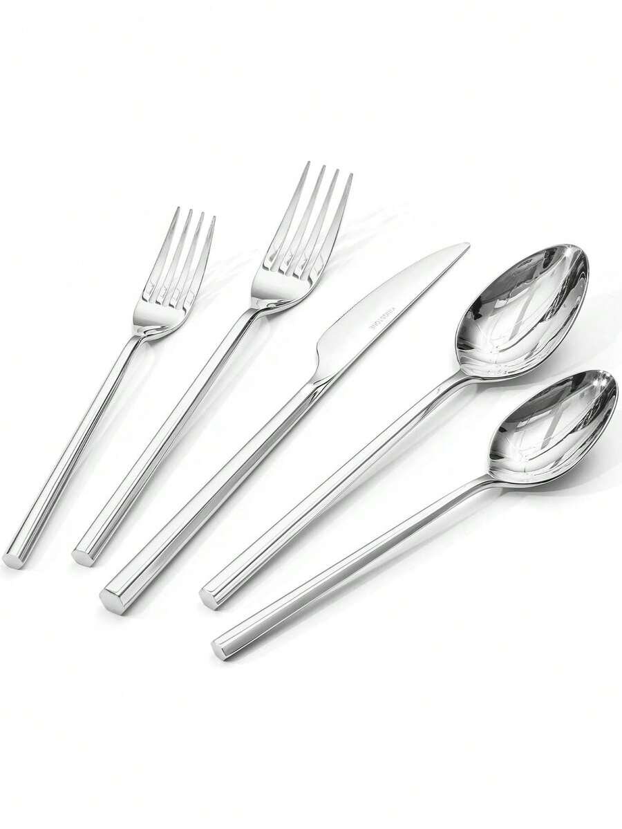 5-Piece Silverware Set, 18/10 Stainless Steel Flatware Cutlery Set With Hexagon Handle, For Hotel, Home, Party, Wedding Gift, Mirror Polish And Dishwasher ,45753820 - Blue and White - View 1