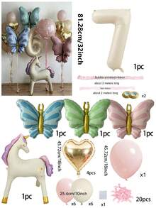 44/5/1 Set Butterfly Unicorn Number Aluminum Foil Balloon Set 0-9, Includes 32 Inch Ivory White Numbers, Standing Unicorn, Butterfly, Heart Shaped Foil Balloons And Latex Balloons, Suitable For Birthday Decoration, Baby Shower, Christening, Wedding Theme Party Supplies, Party Atmosphere Decoration, Indoor/Outdoor Decor, Bridal Shower, Family Party Decoration. - Standing Rocking Horse With Bow - View 9
