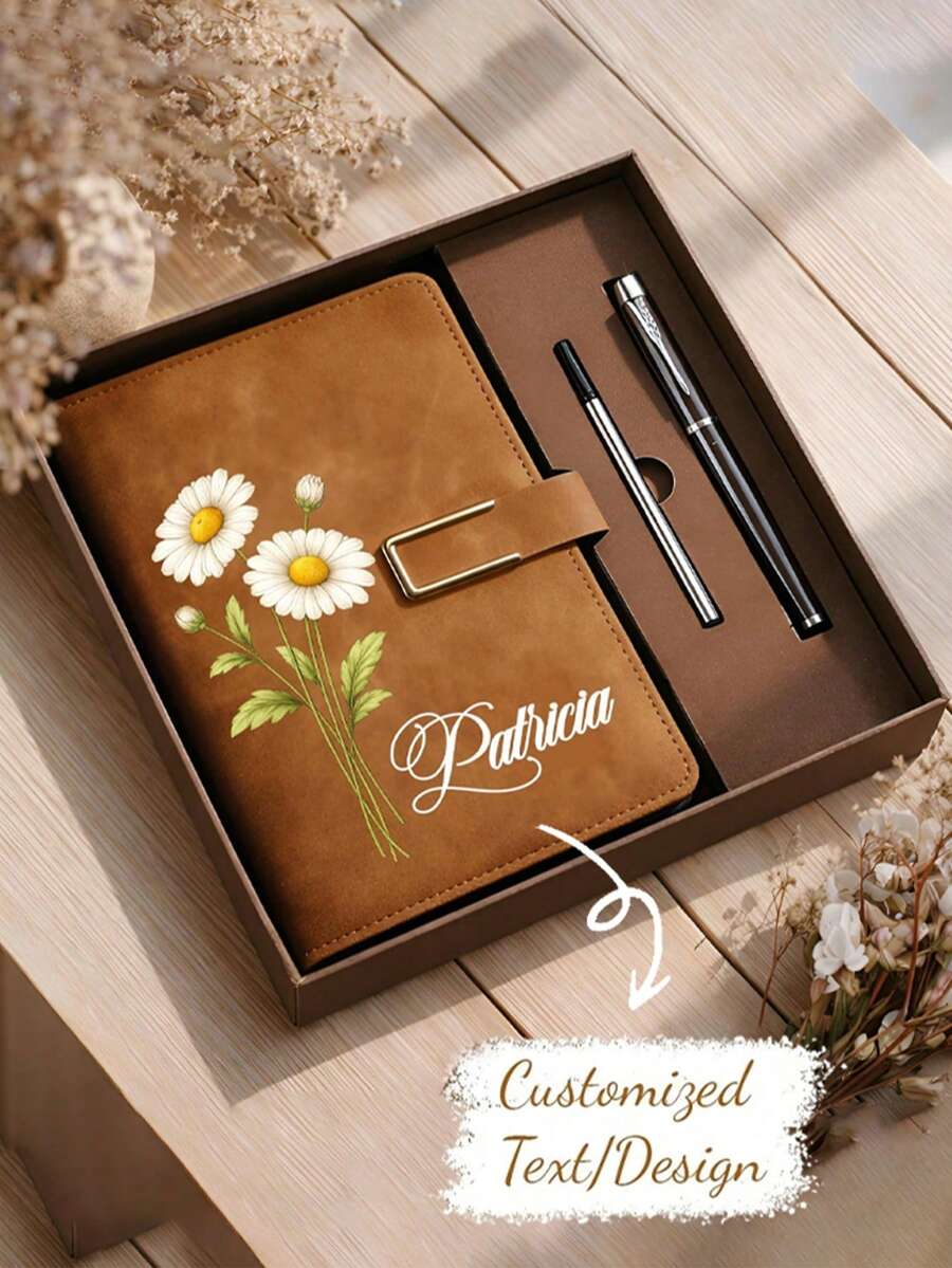 Christmas Season Gift, Customized Floral Button Notebook Set, Faux Leather Diary, Embossed Floral Pattern, Gold Button, Customizable Name, Includes Pen And Gift Box, Bullet Journal Stationery Gift, Graduation Gift - Multicolor - View 1