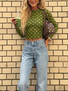 Women Green Polka Dot Slim Long Sleeve Top Cowl Neck Soft Tee Fall Back To School Inner - Green - View 3