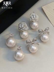 3 Pairs Elegant Luxurious Cubic Zirconia Bow Faux Pearl Earrings Set Suitable For Women Wedding Party Wear - Silver - View 2