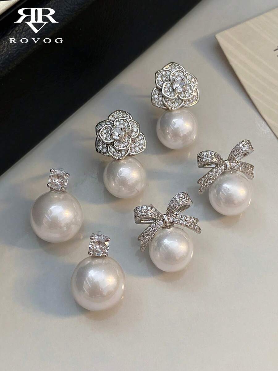 3 Pairs Elegant Luxurious Cubic Zirconia Bow Faux Pearl Earrings Set Suitable For Women Wedding Party Wear