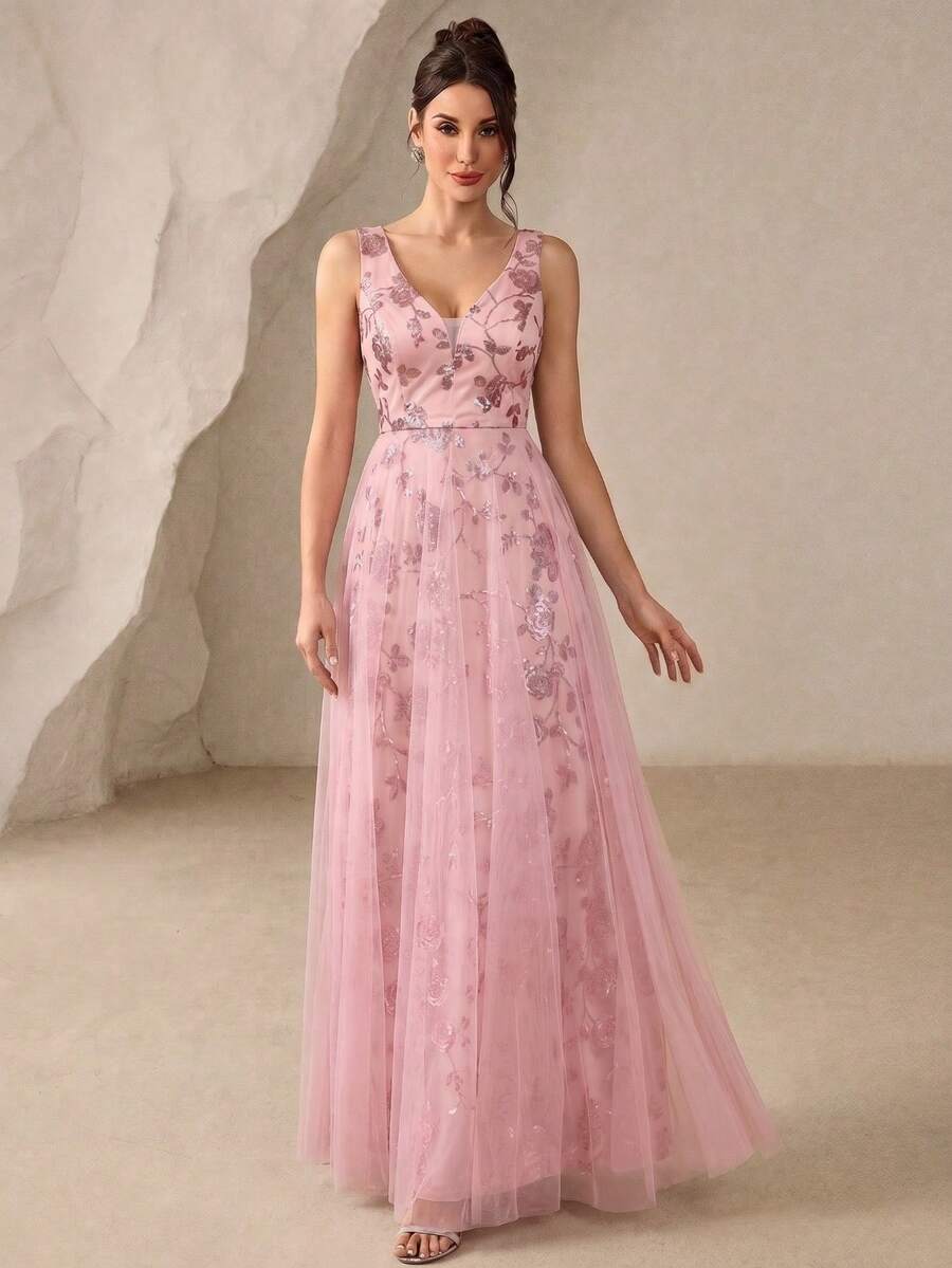 Fall Elegant Sequined Mesh V-Neck Sleeveless A-Line Pink Bridesmaid Dress, Formal Evening ,Prom,Wedding Guests,Party,Graduation,Festivals - Pink - View 1