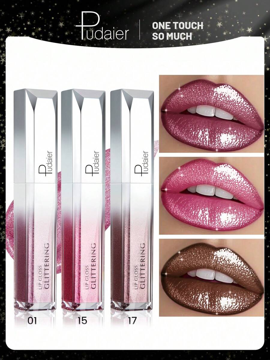 Pudaier 3pcs Metal Diamond Lip Gloss Set - Sparkling Shine, Smooth Application, Long-Lasting Color & Moisturizing, Charming Metallic Luster - 3PCS SET - View 1