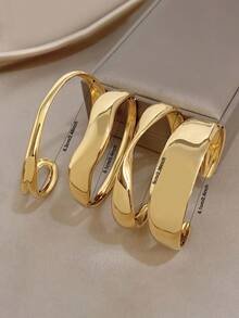 18k Gold Plated Stainless Steel, Curved Polished Gold Bangle, Women's Bracelet, Stainless Steel Jewelry, Designer Jewelry, High Quality Luxury Jewelry, Jewelry Set, Heavy Bangle, Gold Plated Jewelry, Suitable For Daily, Dating, Party, Vacation Season, Back To School Season, Summer Jewelry, Beach Jewelry, Women's Beach Accessories, Birthday Gift, Girlfriend Gift, Mother Gift, Bohemian Jewelry - Multicolor - View 11