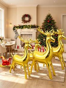 2/3/5pcs Oversized Gold 4D Reindeer Sleigh Shaped Aluminum Foil Balloon Toy Cartoon Christmas Decoration Reindeer Balloon Set, Suitable For Christmas - View 1