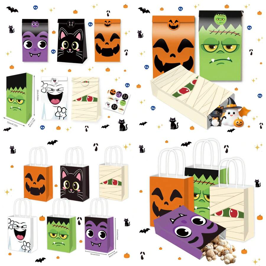 6/12pcs Halloween Gift Bag Set, Trick Or Treat Party Supplies, Featuring Halloween Theme Black Cat, Ghost, Mummy Holiday Prints, Halloween Party Gift Bags
