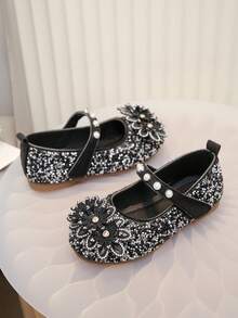 Girls' Pearl Rhinestone Princess Ballet Shoes, Bowknot Breathable Casual Shoes, Versatile Daily Wear For Spring, Summer, Autumn - Black - View 3