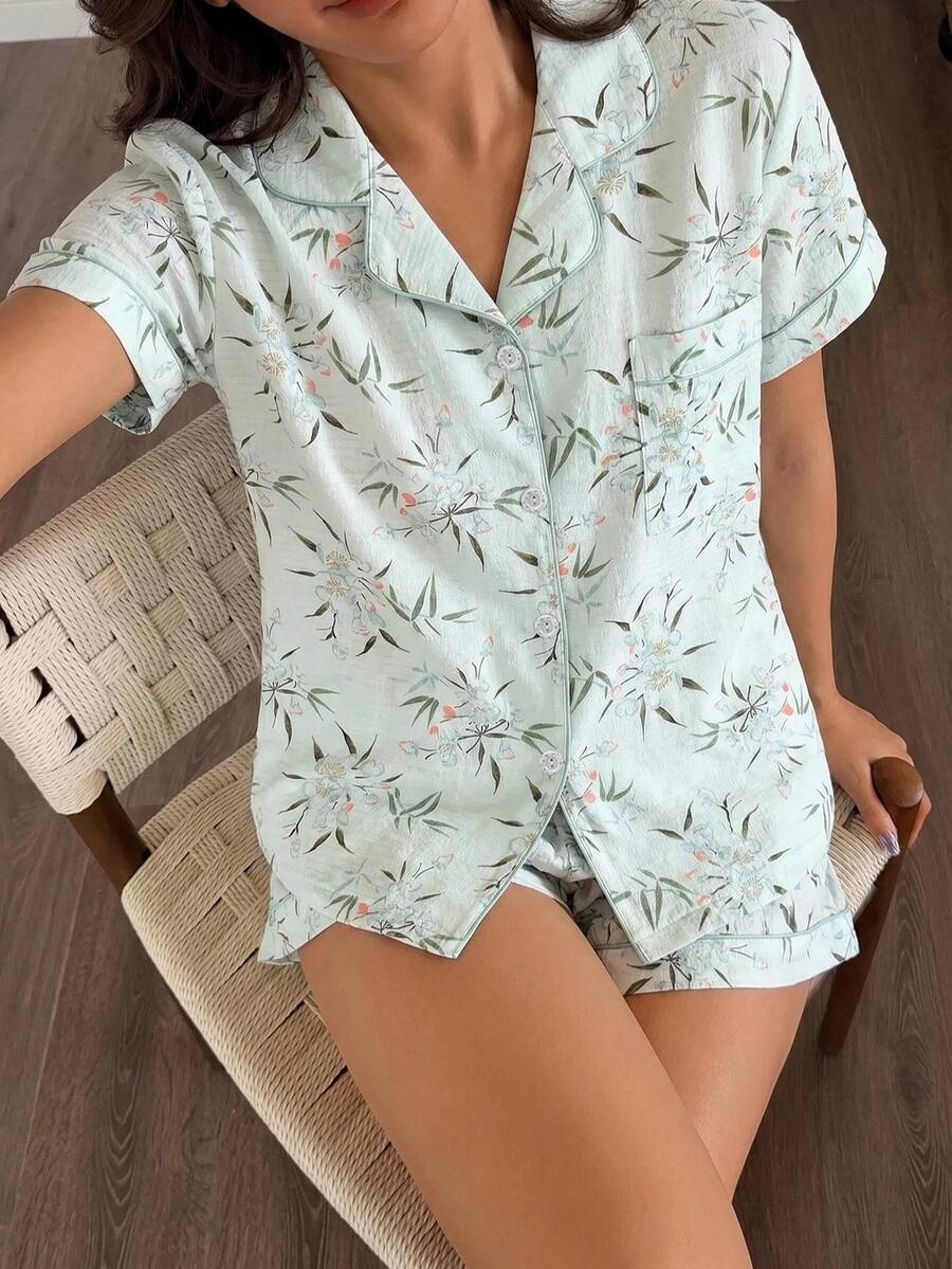 2件組女款舒適花卉印花短袖領口上衣與蝴蝶結短褲睡衣套裝,春夏款 - 杏色 - 查看 1