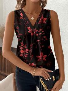 [Free Shipping]Elegant Vintage Floral Print V-Neck Tank Top For Women - Sleeveless, Button Detail, Perfect For Spring/Summer Casual Wear - Mixed - View 1