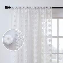 COSENNATUR 1pc White Pom Pom Striped Jacquard Semi-Sheer Curtain, Rod Pocket Design, Lightweight Soft Washable, Modern Minimalist Style, Suitable For Living Room, Bedroom, Dining Room, Office, Wedding Decor - White - View 8