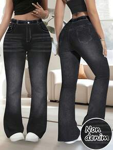 Celana Panjang Slim Fit Model Flare Motif Denim Ukuran Plus, Elastis Sedang, Ciptakan Gaya Dasar - Hitam - View 1