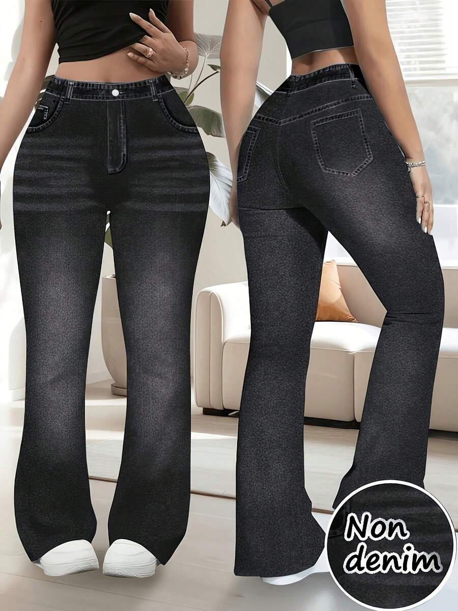 Celana Panjang Slim Fit Model Flare Motif Denim Ukuran Plus, Elastis Sedang, Ciptakan Gaya Dasar - Hitam - View 1