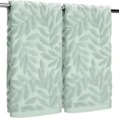 AnyDesign 2Pcs Leaves Hand Towels 3D Jacquard Cotton Bath Towel Green Botanical Decorative Dish Towel For Home Bathroom Kitchen Decor Gift Set