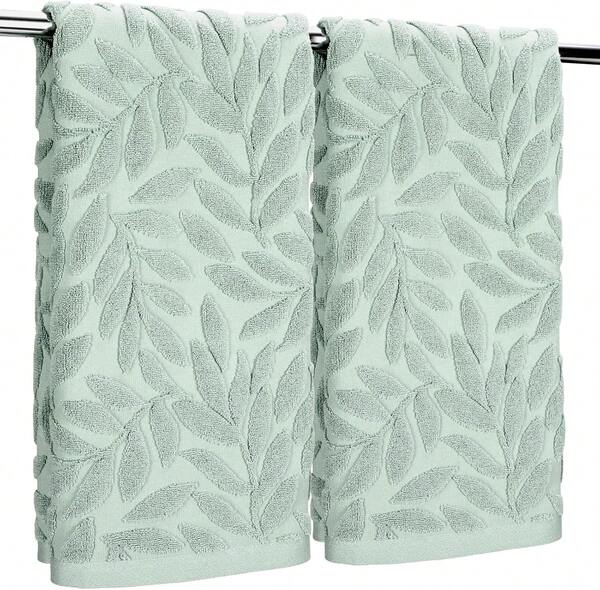 AnyDesign 2Pcs Leaves Hand Towels 3D Jacquard Cotton Bath Towel Green Botanical Decorative Dish Towel For Home Bathroom Kitchen Decor Gift Set