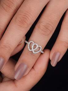 1 buah cincin hati ganda perak sterling 925, bertatahkan berlian berbagai ukuran, cocok untuk dikenakan oleh gadis dan wanita modern, pilihan ideal sebagai hadiah kencan atau perhiasan mewah. - Hati Ganda - View 4