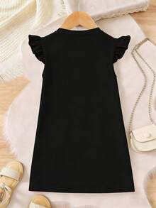 Tween Girl Cute Star Pattern T-Shirt Dress, Ruffle Short Sleeve Casual Sun Dress, Soft And Comfortable Fabric, Sweet Dress Suitable For Summer School And Daily Wear - Black - View 3