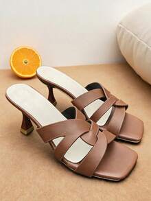 A Pair Of Women Heeled Sandals Cross Strap Square Toe Block Heel PU Minimalist White Casual Work Style - Brown - View 1