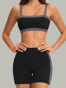 KyrLssu Women's 2pcs Colorblock Fitness Set, Square Neck Spaghetti Strap Sports Bra + High Waist Side Panel Biker Shorts - Black - View 6