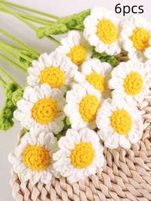6 piezas Ramo de margaritas de ganchillo hecho a mano, arreglo floral artificial realista, flores de tela blancas y amarillas encantadoras, colores vibrantes, versátil para decoración estacional del hogar, coche, oficina - Ideal para el Día de San Valentín, Día de la Madre, Acción de Gracias, Boda, - Multicolor - Ver 10