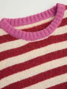 Women's Red And Beige Striped Round Neck Knit Pullover, Featuring Contrast Pink Ribbed Cuffs And Hem, Loose Long Sleeve Top, Suitable For Autumn/Winter Daily Streetwear, Comfortable Soft Basic Top - Red - View 3
