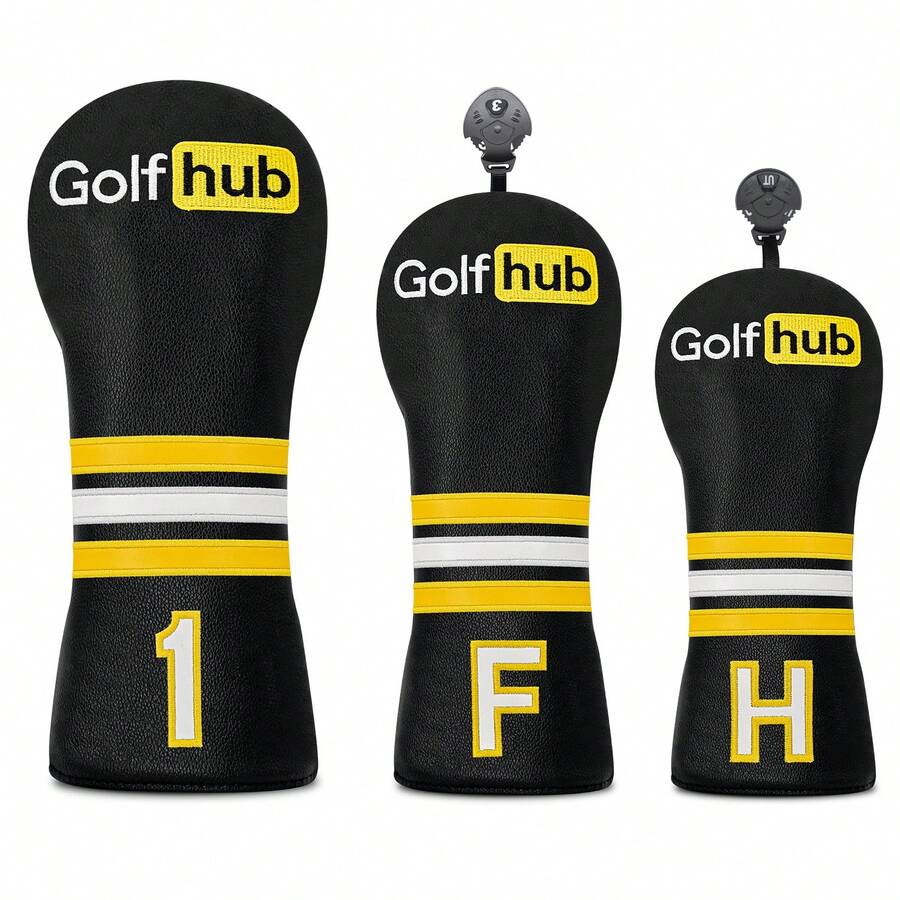1PC Golf Headcovers - Black Golf Wood Headcover For Driver, Fairway Wood & Hybrid Clubs, Soft Inner Lining, Golfhub Letter & Stripes Embroidery, Universal Fit For Most Clubs - Multicolor - View 1
