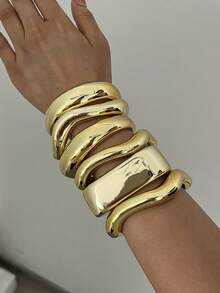 6pcs/3pcs/1pc Vintage Elegant Bohemian Style Women's CCB Gold Open Geometric Bracelet, Asymmetrical Geometric Striped Wave Wide Cuff Water Drop Bracelet, Suitable For Women's Daily Wear, Gatherings, Parties, Summer Beach Vacation, Travel, Gift Giving - Gold - View 5