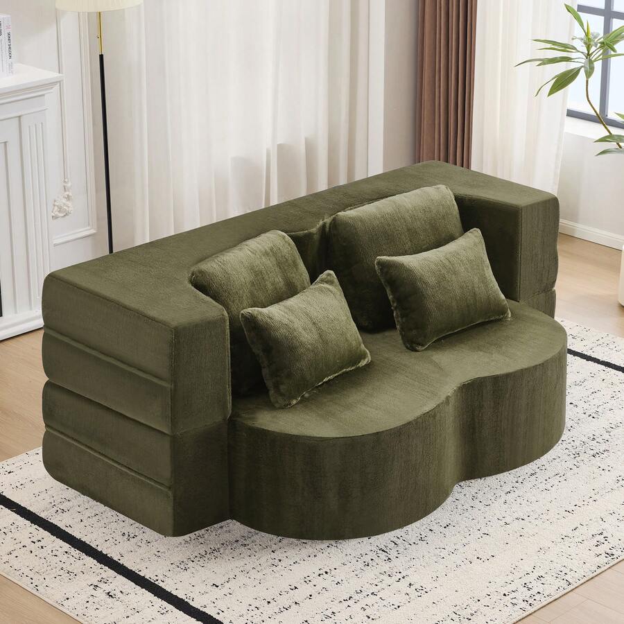 Large Modern White 2 Seat Sofa With 4 Throw Cushions, High Density Foam Folding Mattress, Suitable - 綠色雙座 - 查看 1