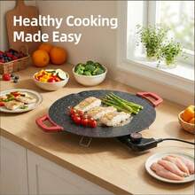 Aoran Large Electric Griddle With Silicone Spatula & Scouring Sponge, Non-Stick Round Electric Skillet With Adjustable Temperature Control, Dual Heat-Resistant Handles Fast Even Heating Grill Pan For Breakfast, Steak, BBQ, Indoor & Outdoor Cooking - US B Type Plug(110-127V) - View 3