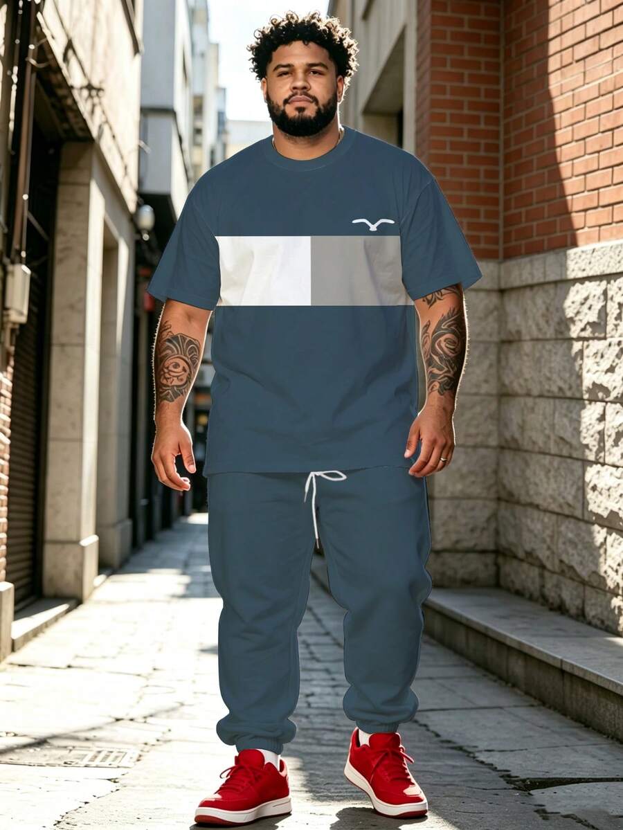Men's Street Casual Minimalist Series "Minimalist Square And Bird" Pattern Sports Set - Polyester Knit Fabric, Round Neck Design, Drawstring Cuffed Pants, Pocket Details, Regular Fit, Suitable For Plus Size - Royal Blue - View 1
