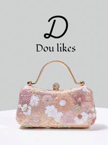 1件裝亮片刺繡晚宴包，花卉亮片與刺繡設計，高階訂婚手拿包，適合旗袍/晚禮服，附金屬鏈條，優雅女士風格，適用派對、婚禮、畢業舞會、晚餐/宴會，完美搭配女款畢業舞會禮服、畢業舞會配件、亮片洋裝、閃亮洋裝、女士優雅禮服 - 粉色 - 查看 12