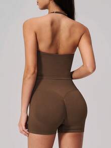 NcmRyu Women's One Set Solid Color Halter Neck Backless Tank Top Wide Ribbed High Waist Tight Shorts Sports Outfit - Brown - View 10