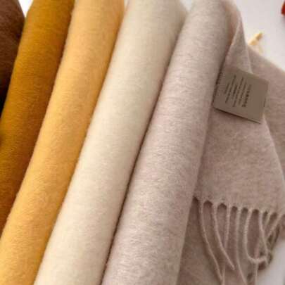 1pc Solid Color Winter Scarf With Tassels, Soft Shawl, Suitable For Spring, Summer, Autumn, Winter, Daily Versatile Fashion For Women