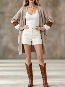 Áo cardigan len nữ dáng rộng thoải mái, mềm mại, phong cách lười, tay lồng đèn vai trễ, họa tiết sọc sóng phối màu, mở trước, độ dài vừa, mặc thường ngày mùa thu/đông - Màu Khaki - Xem 4