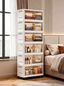 1pc, 3/4/5 Layer Foldable Storage Cabinet With Doors And Wheels, Plastic Storage Box, Stackable Large Capacity Home Organization For Bedroom, Living Room, Kitchen, Easy Assembly And Space-Saving Design - Transparent Tea - View 4