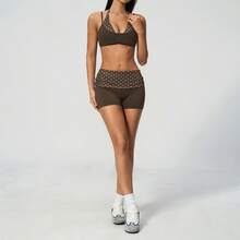 女款性感條紋掛脖上衣與緊身短裙套裝，高彈力兩件式穿搭 - 咖啡棕 - 查看 2