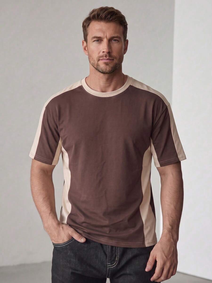 Summer New Men's Brown & Apricot Color Block Short Sleeve T-Shirt, Casual Versatile All-Match Round Neck Contrast Color Retro Top