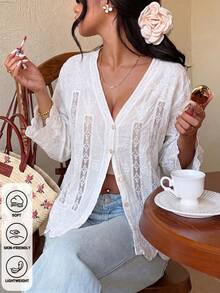 Vacation White Boho Eyelet Cutout Blouse Loose Petal Sleeve Scallop Hem Front Placket Shirt For Summer Street Daily Matching - White - View 2