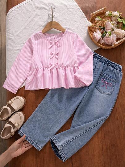 Young Girls School Outfit Autumn New Back To School Pink & White Striped Bow Waist Long Sleeve Top, Light Blue Washed Flared Jeans 2-Piece Set, Gentle Casual Style Suitable For Outdoor Wear