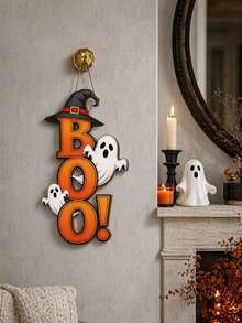 Decorative Signs And Hanging Plaques 2D Flat Wooden Wall Decor Horror Gothic Style No Electricity Required Suitable For Home And Kitchen Holiday Decoration Halloween Decoration - BOO - View 3