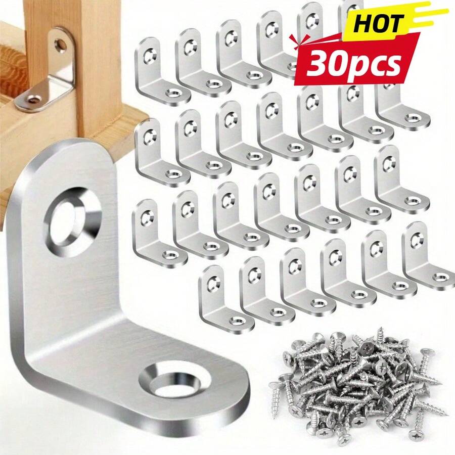 30pcs L-Shaped Right Angle Corner Brackets, Triangular Support Fixing Brackets For Cabinet Shelves, Furniture Tables, Chairs, Storage Racks, Wood Board Splicing Connectors, Furniture Board Right Angle Installation Accessories, Shelf Load-Bearing Fixing Connectors - Silvery - View 1