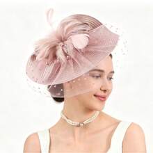 1pc Vintage Polka Dot Mesh Hair Accessory With Feather Decoration, Suitable For Wedding Guests And Afternoon Tea - Dusty Pink - View 3