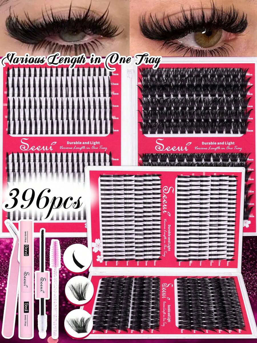 396 Peças Conjunto de Cílios Postiços de Agrupamento Único Curva D, Inclui Cílios Pontiagudos 120D/150D, Cola, Selante, Pinça e Pincel, Kit de Extensão de Cílios DIY, Adequado para Iniciantes, Cílios Segmentados Grossos, Macios e Realistas, Adequado para Maquiagem Diária/Leve/Grossa/Cosplay, Halloween - Preto - Visão 1