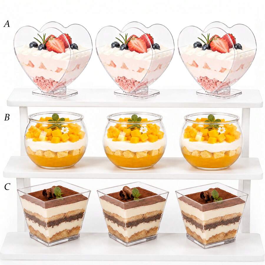 5pcs/10pcs/15pcs Clear Plastic Dessert Cups Heart-Shaped Round Square Mousse Pudding Cups Party Tiramisu Fruit Yogurt Serving Containers - Multicolor - View 1