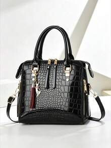 BAGSNOVO 1 pieza Bolso de mano versátil y de moda para mujer con borla de metal casual y colgante gratis, bolso de hombro y cruzado de doble uso para compras y desplazamientos - Negro - Ver 1